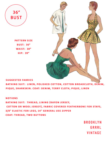 PDF Pattern - 1950s Bathing Suit and Jacket / Bust 36