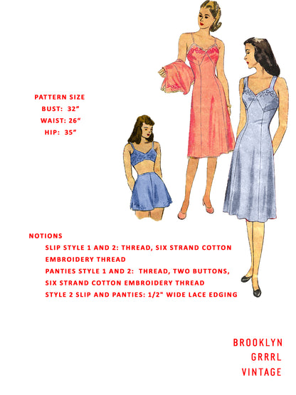 PDF Pattern 1940s Full Length Slip and Panties / Bust 32