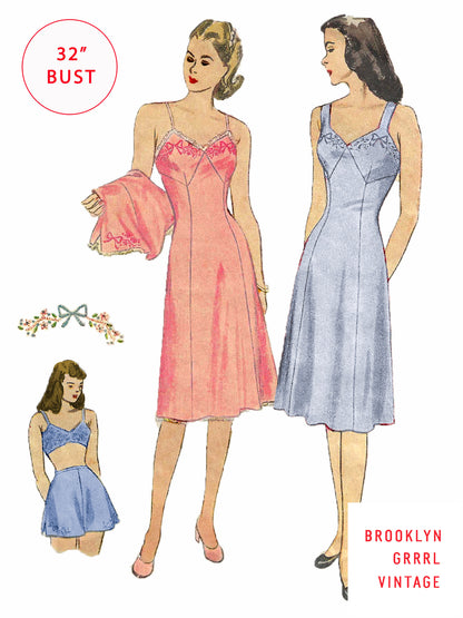 PDF Pattern 1940s Full Length Slip and Panties / Bust 32