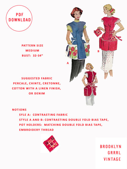 PDF Pattern - 1950s Cobbler Apron / Bust 32-34