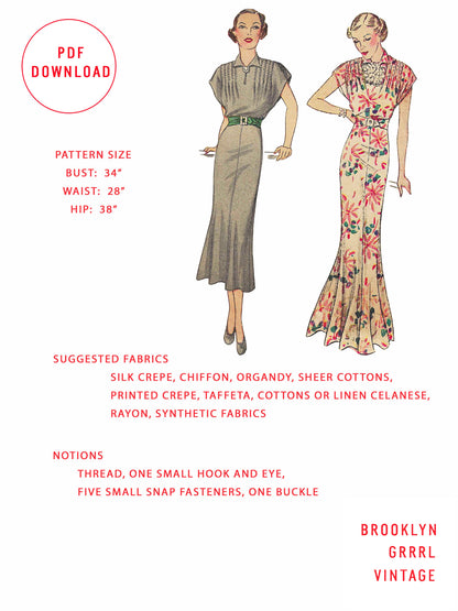 PDF Pattern  1930s Day and Evening Dress / Bust 34