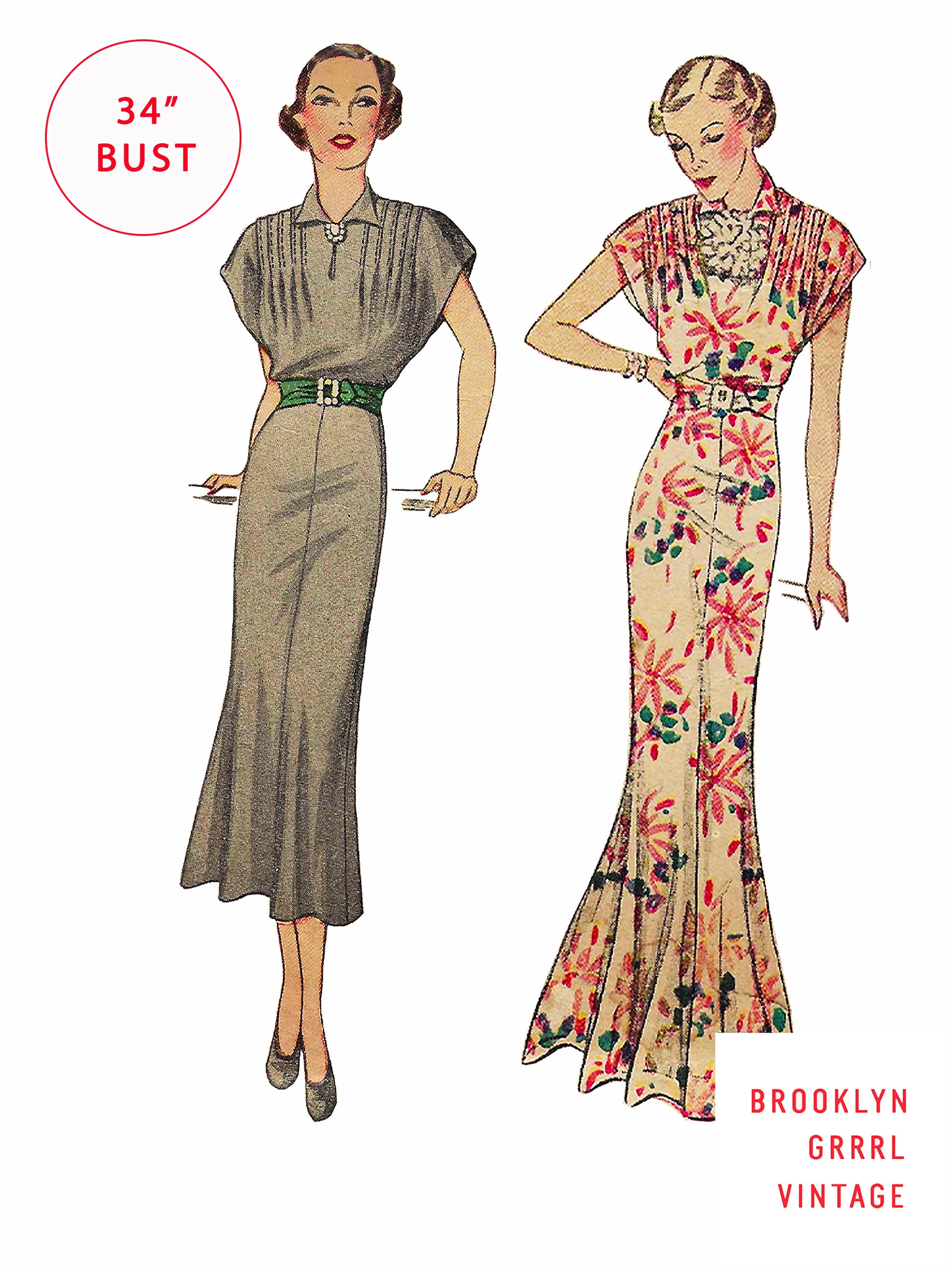 PAPER Pattern 1930s Day and Evening Dress / Bust 34 Brooklyn Grrrl Vintage Patterns PAPER Pattern 1930s Day and Evening Dress / Bust 34 Brooklyn Grrrl Vintage Patterns