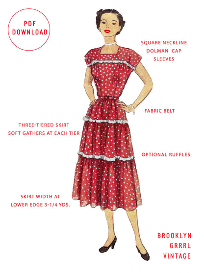 PDF Pattern - 1950s Dress with Tiered Skirt / Bust 38