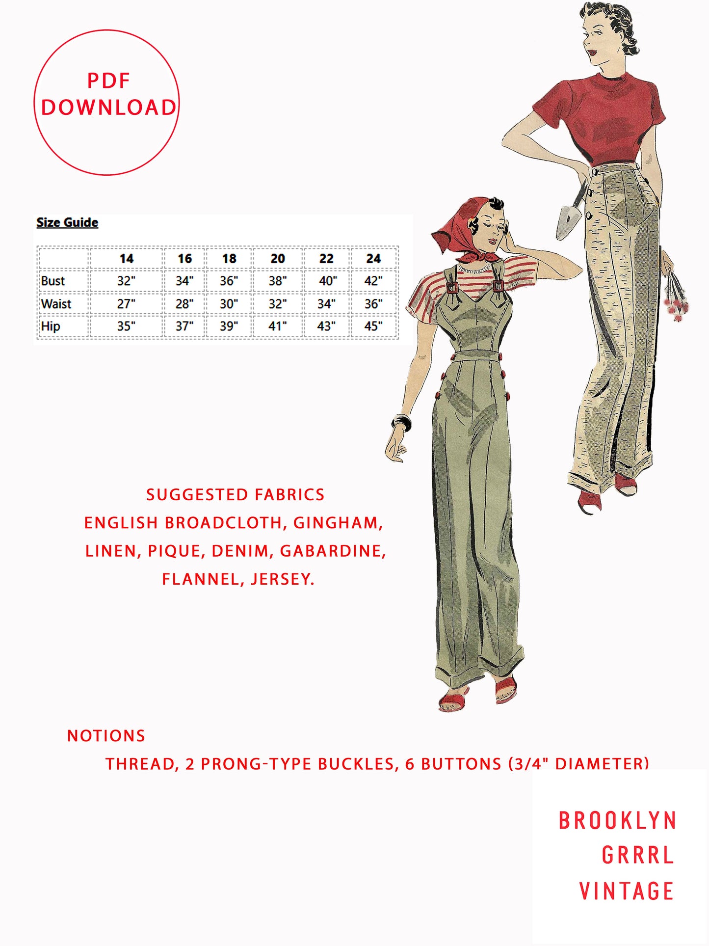 PDF Pattern - 1930s Overalls / Slacks / Jumpsuit - Multiple Sizes