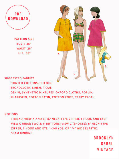 PDF Pattern - 1960s Bathing Suit & Beach Jacket / Bust 36