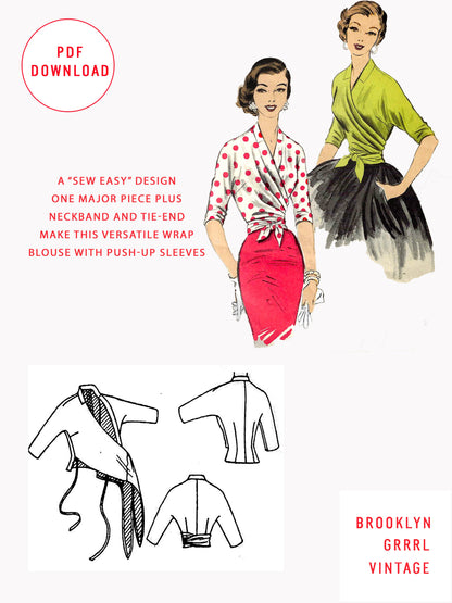 PDF Pattern - 1950s Wrap Blouse / Bust 32-34