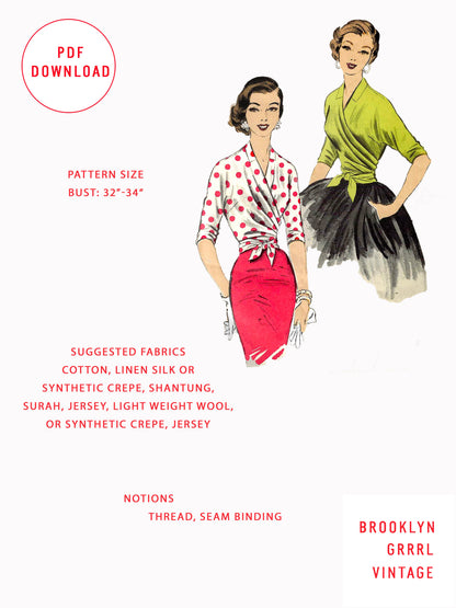 PDF Pattern - 1950s Wrap Blouse / Bust 32-34