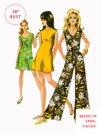Illustration of three 1970s style jumpsuits and rompers with wide legs, available in a PDF sewing pattern. The outfits are shown in different styles with short set-in sleeves, a high round neckline, and a deep 'V' neckline.