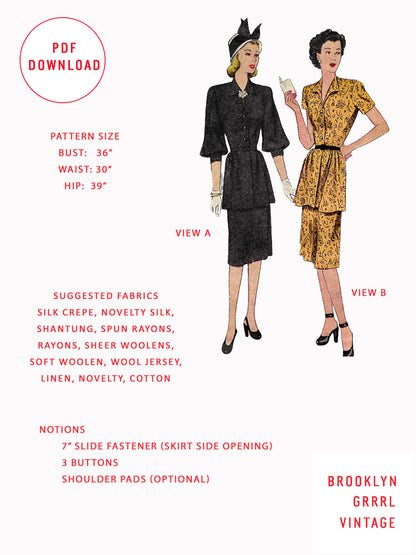 1940s Two-Piece Suit Dress / PDF Pattern