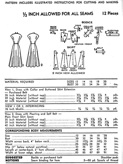 Paper Pattern - 1940s 'Vivian Lee' Dress / Bust 34