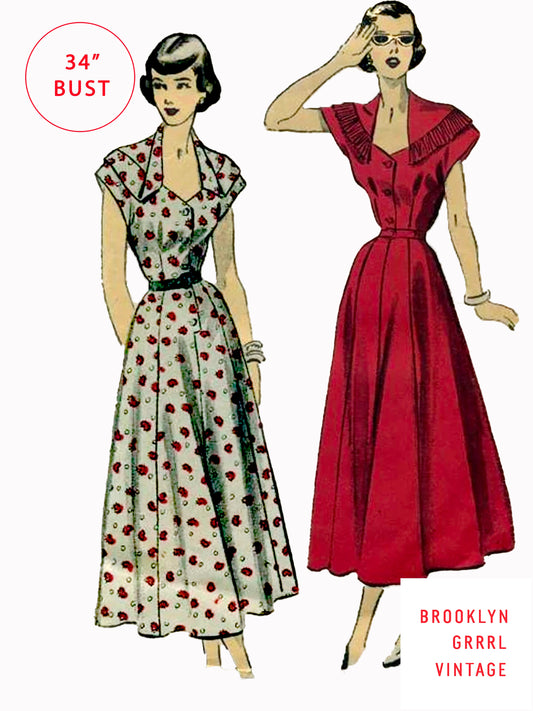 PDF Pattern - 1940s Dress with Two Collar Options / Bust 34