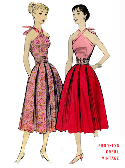 Illustration of two vintage fashion dresses from the 1950s. One dress has a floral pattern and the other has a solid pink color with a V-neckline.