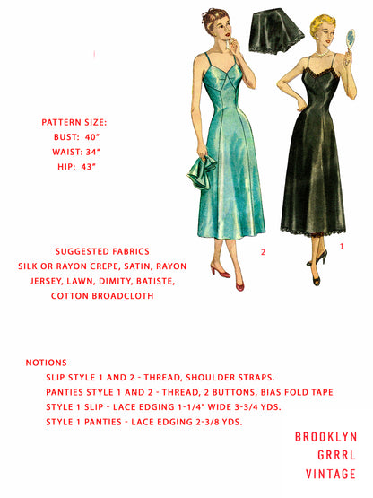 PAPER Pattern 1940s Slip and Panties / Bust 40