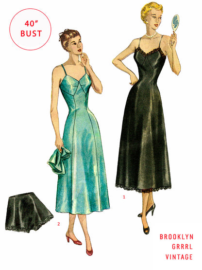 Illustration of two vintage 1940s dress patterns, one in green and the other in black, both with lace detailing and designed for a 40 inch bust.