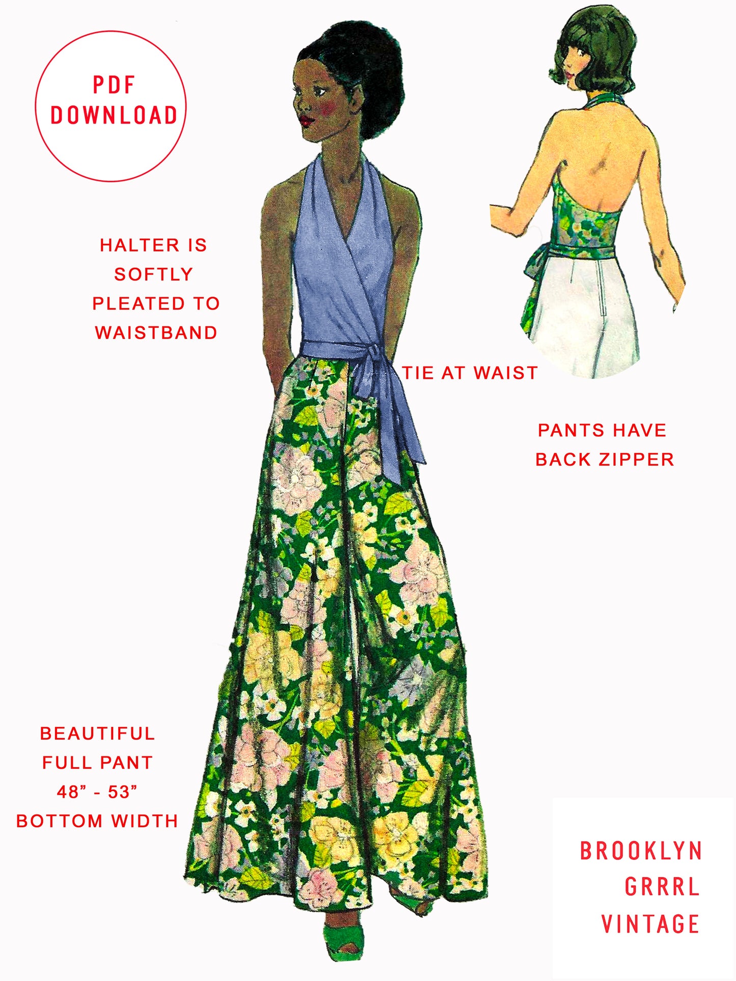 PDF Pattern - 1970s Halter and Palazzo Slacks / Multiple Sizes