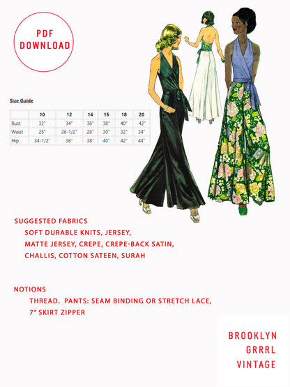 PDF Pattern - 1970s Halter and Palazzo Slacks / Multiple Sizes