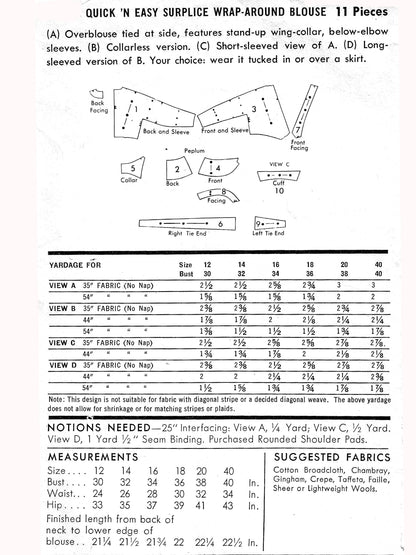 1950s Everyday Elegance Wrap Blouse with Peplum / Bust 38 / PAPER Pattern