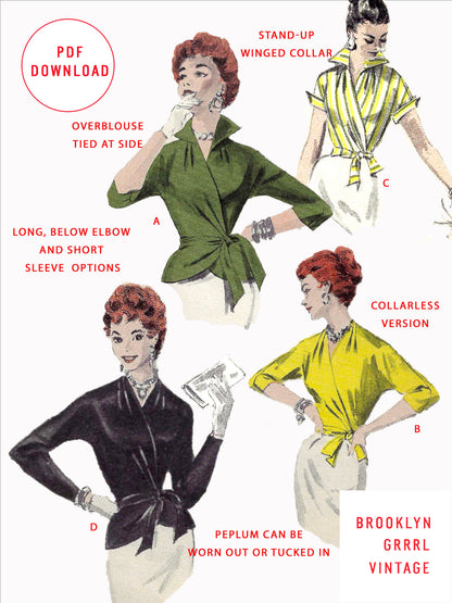 PDF Pattern - 1950s Wrap Blouse with Peplum / Bust 38