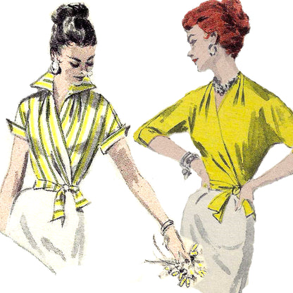 1950s Everyday Elegance Wrap Blouse with Peplum / Bust 38 / PAPER Pattern