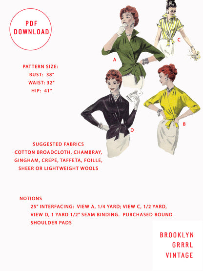 PDF Pattern - 1950s Wrap Blouse with Peplum / Bust 38