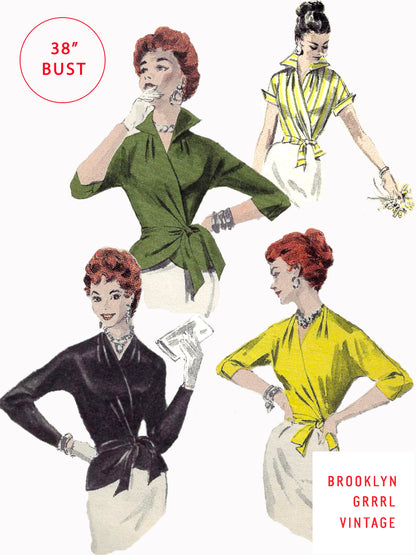 Illustration of four different styles of a 1950s wrap blouse with peplum, each showing a woman wearing the blouse in various colors. The image has a red circular label that says '38' and 'BROOKLYN GRRL VINTAGE'.