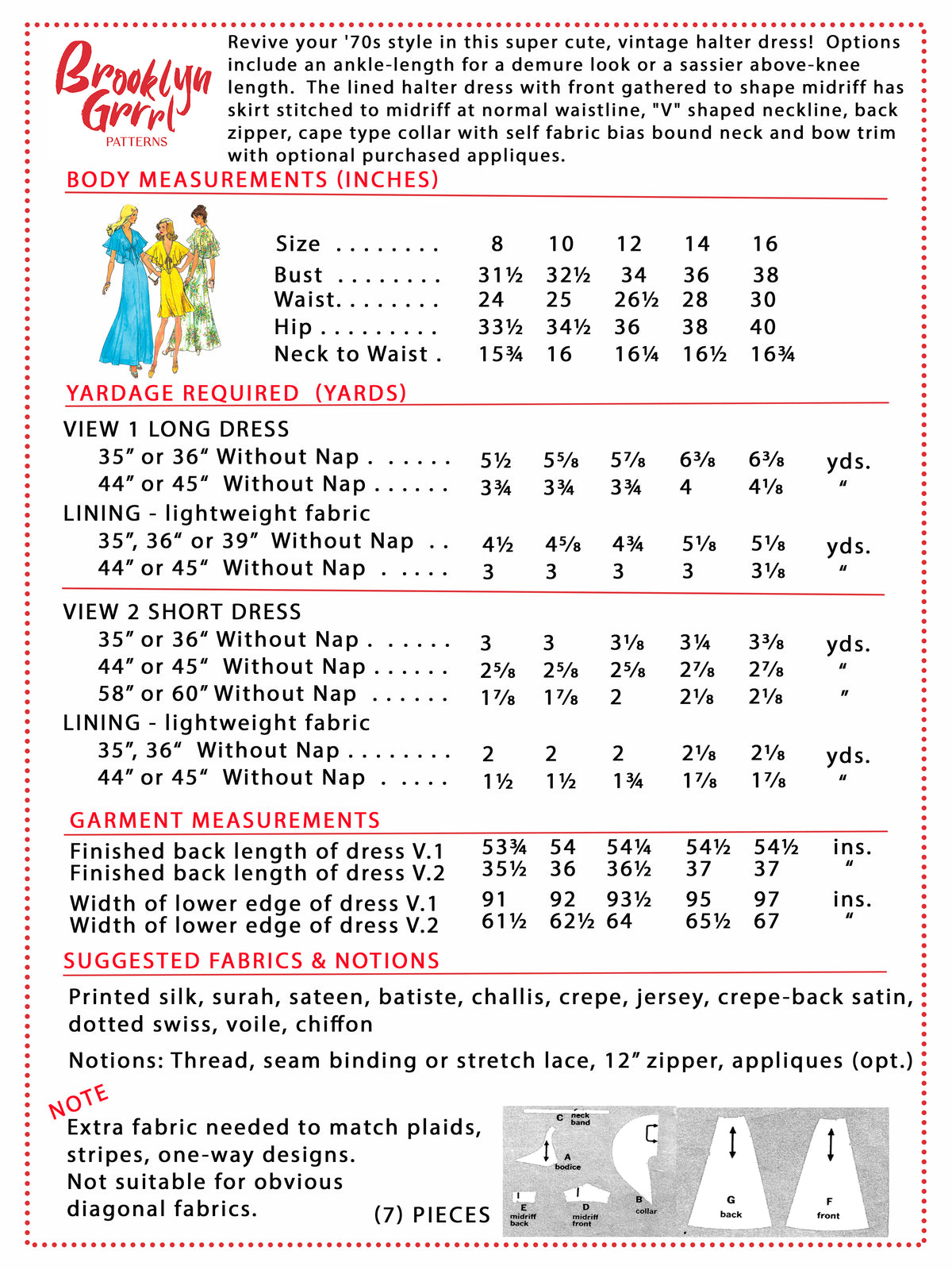 PDF Pattern - 1970s Halter Dress in Two Lengths / Multiple Sizes