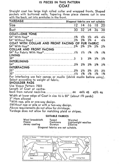 PAPER Pattern - 1950s Coat with Rolled Collar  / Bust 34