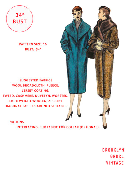 PAPER Pattern - 1950s Coat with Rolled Collar  / Bust 34