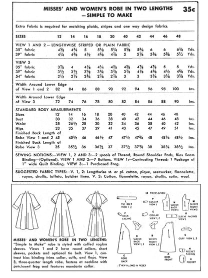 PDF Pattern - 1950s Robe, Coat, Duster  / Bust 32