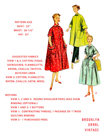 PDF Pattern - 1950s Robe, Coat, Duster  / Bust 32