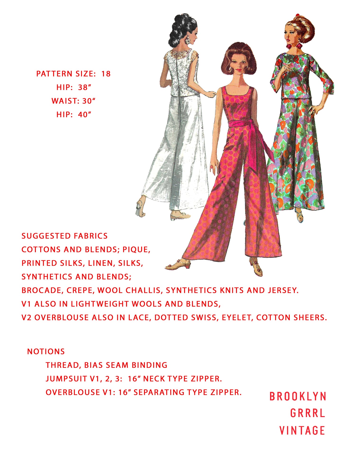 PDF Pattern - 1960s Jumpsuit with Over-blouse  / Bust 38