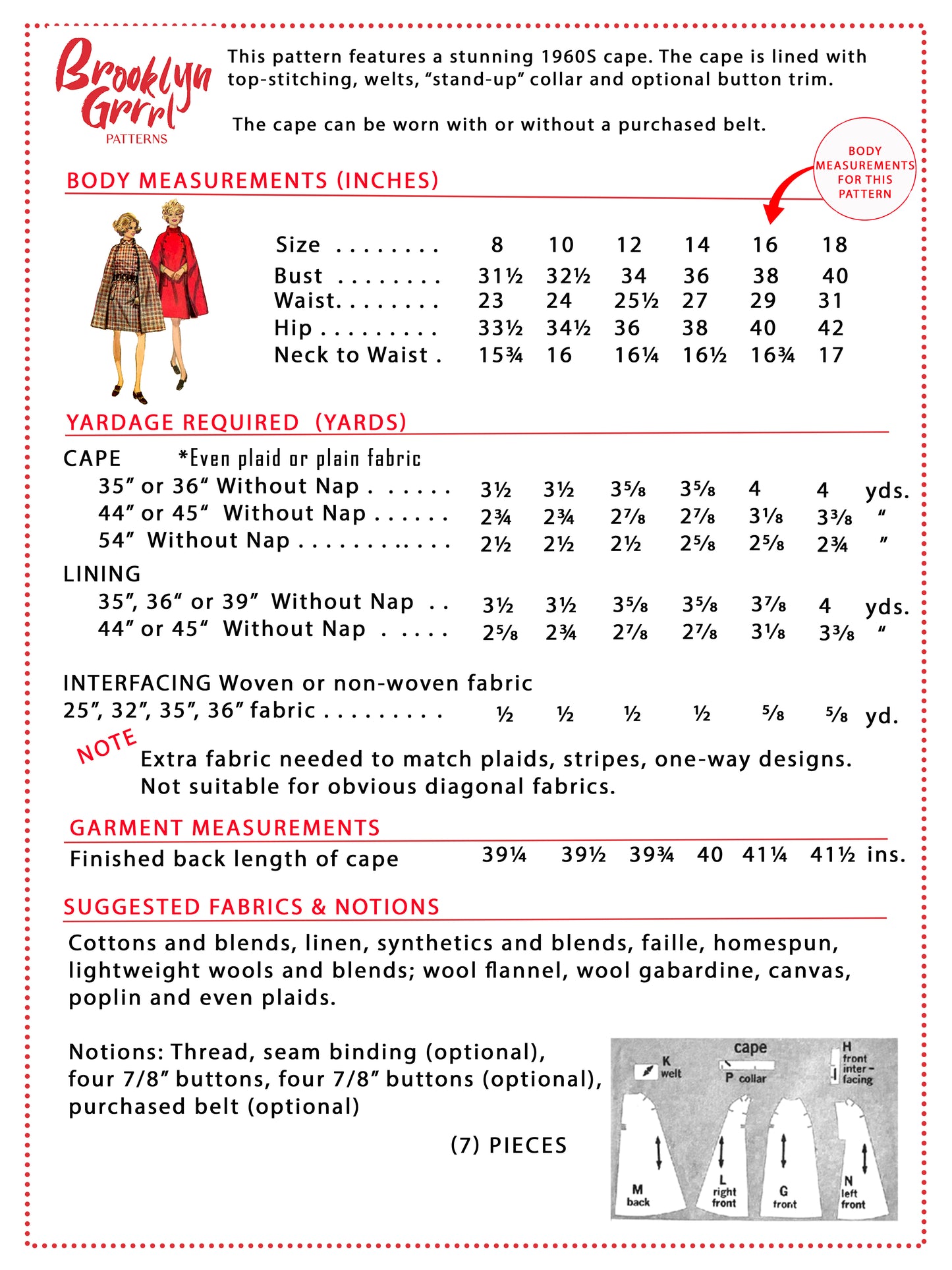 PAPER Pattern - 1960s Cape  / Bust 38