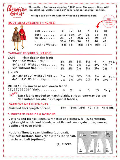 PAPER Pattern - 1960s Cape  / Bust 38