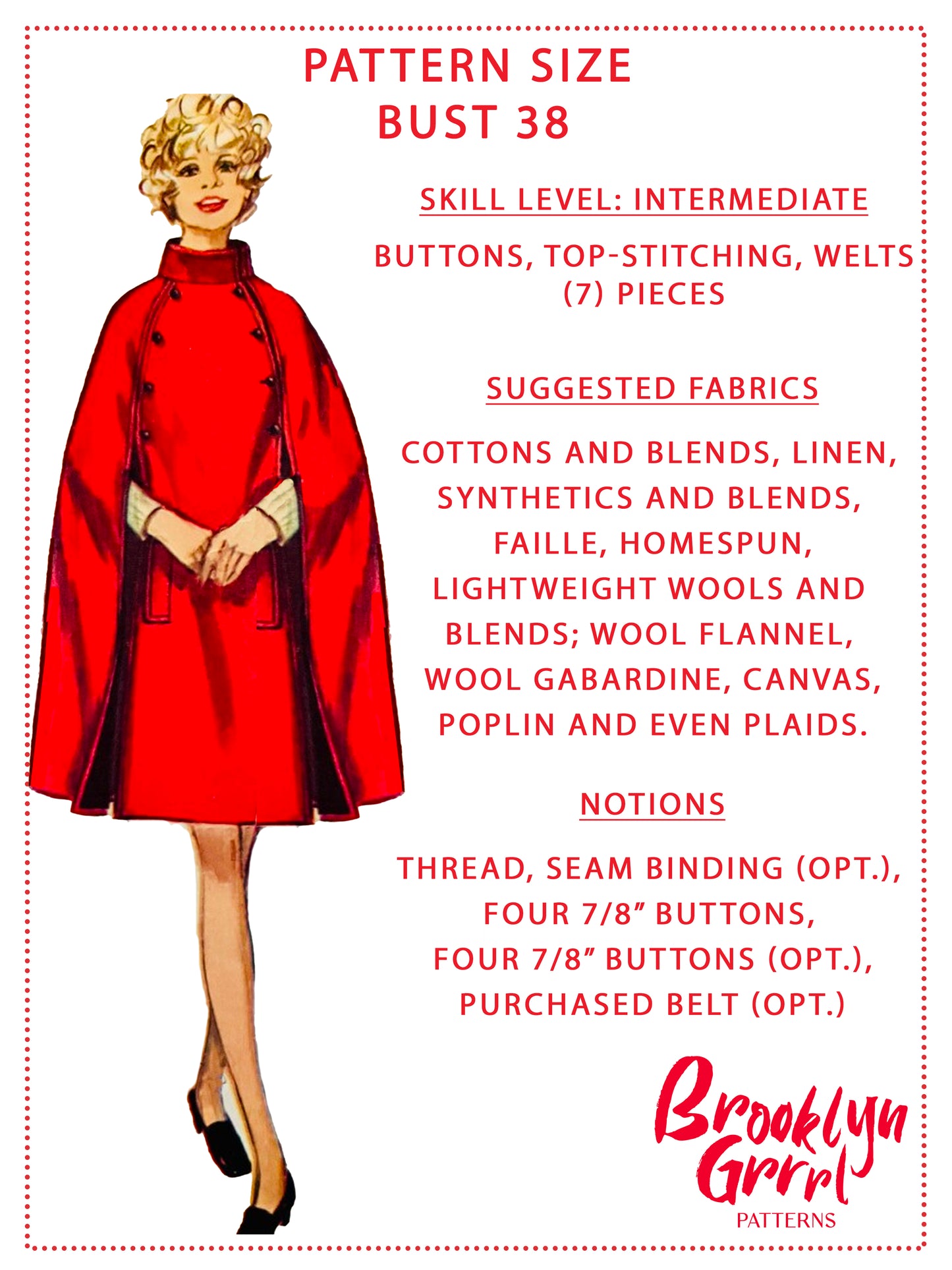 PDF Pattern - 1960s 'Doris Day Chic 'Cape  / Bust 38