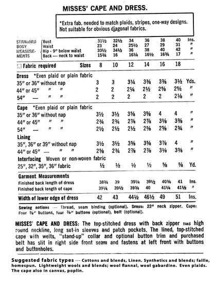 PAPER Pattern - 1960s Cape and Dress  / Bust 38