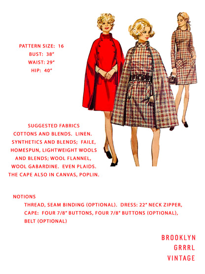 PAPER Pattern - 1960s Cape and Dress  / Bust 38