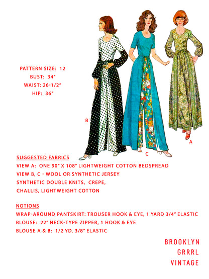 PDF Pattern 1970s Wrap Around Pants & Blouse / Bust 34
