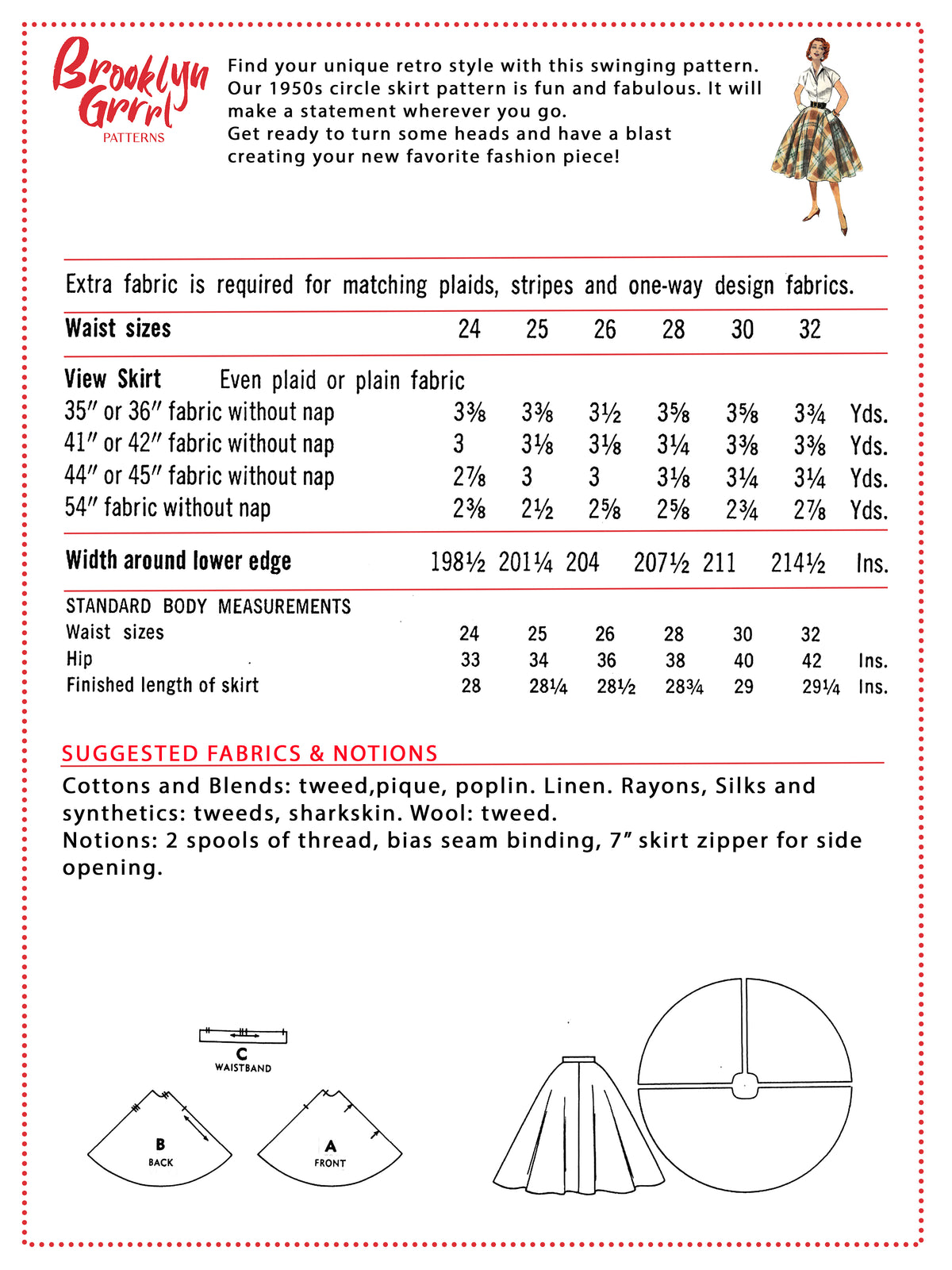 PDF Pattern - 1950's Circle Skirt / Multiple Sizes