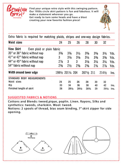 PDF Pattern - 1950's Circle Skirt / Multiple Sizes