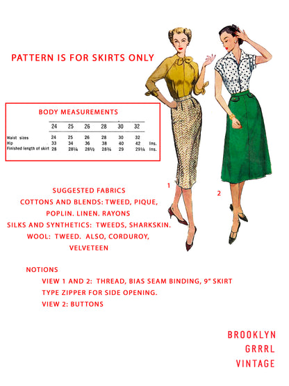 PDF Pattern - 1950's Flared and Straight Skirts / Multiple Sizes
