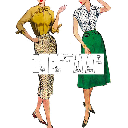 PDF Pattern - 1950's Flared and Straight Skirts / Multiple Sizes