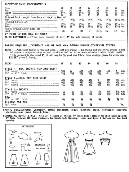 PAPER Pattern - 1950's Blouse, Shorts, Skirt Ensemble / Multiple Sizes