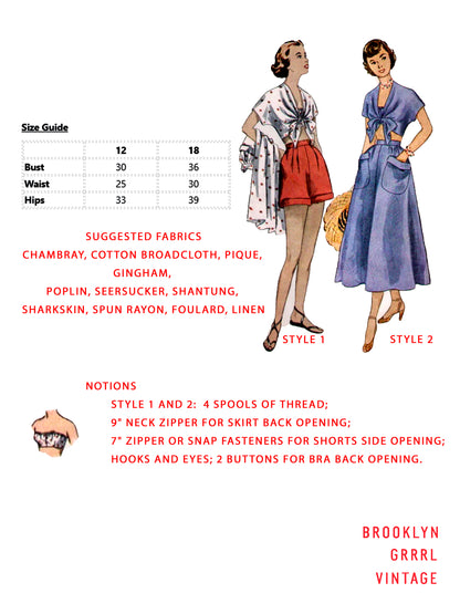 PAPER Pattern - 1950's Blouse, Shorts, Skirt Ensemble / Multiple Sizes