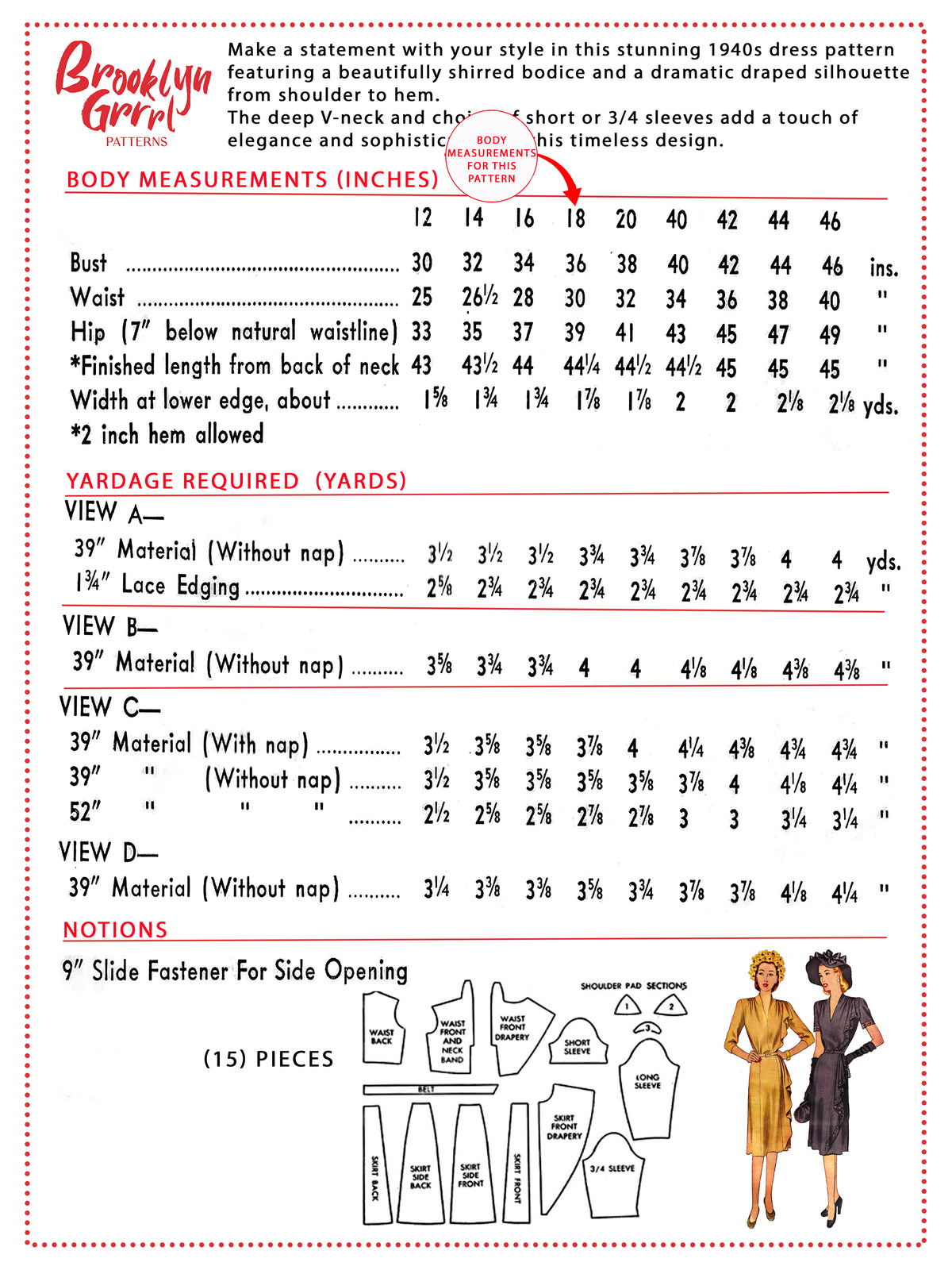 PDF Pattern - 1940s The Mildred Pierce Dress with Side Drape  / Bust 36