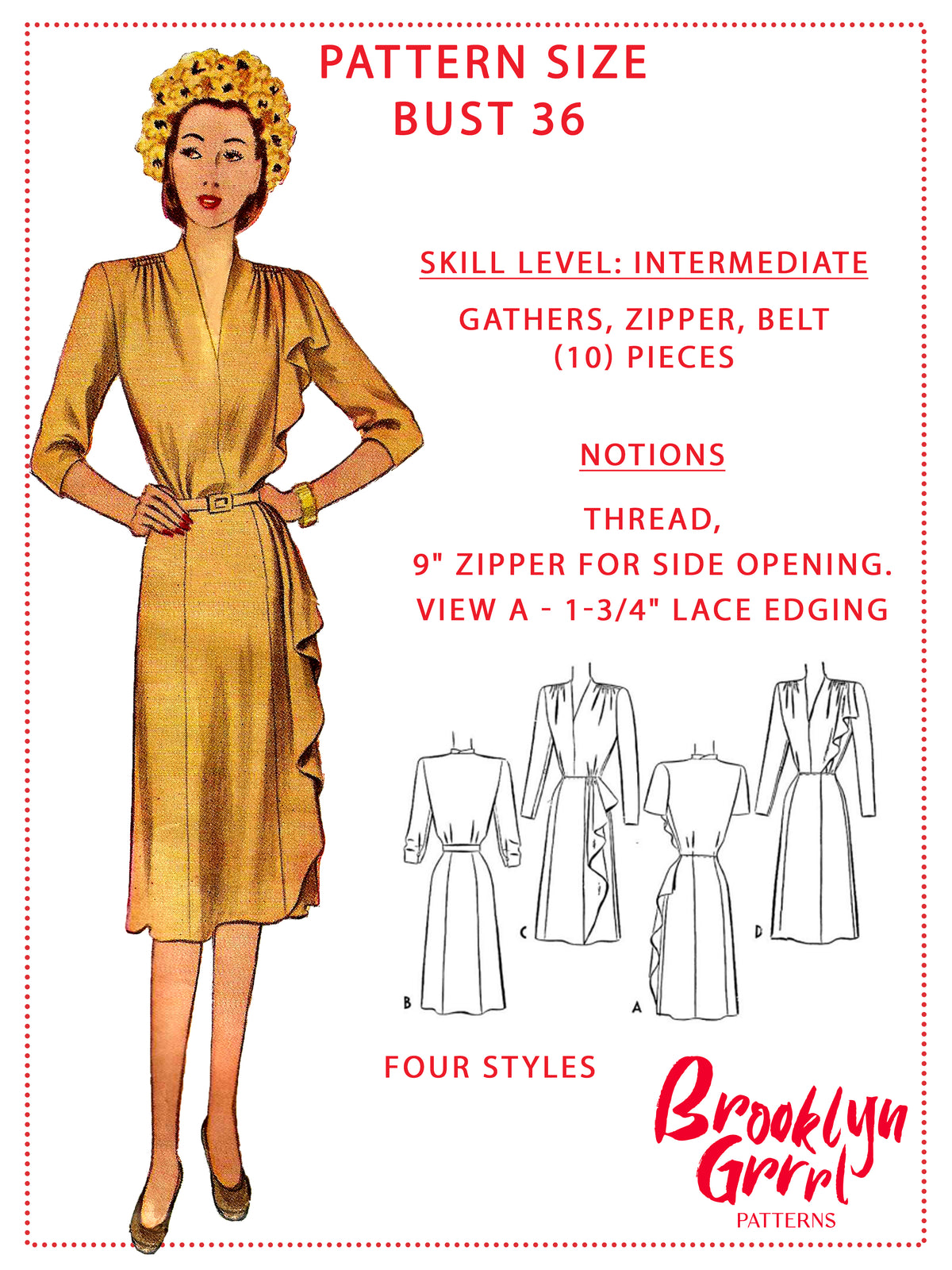 PDF Pattern - 1940s The Mildred Pierce Dress with Side Drape  / Bust 36