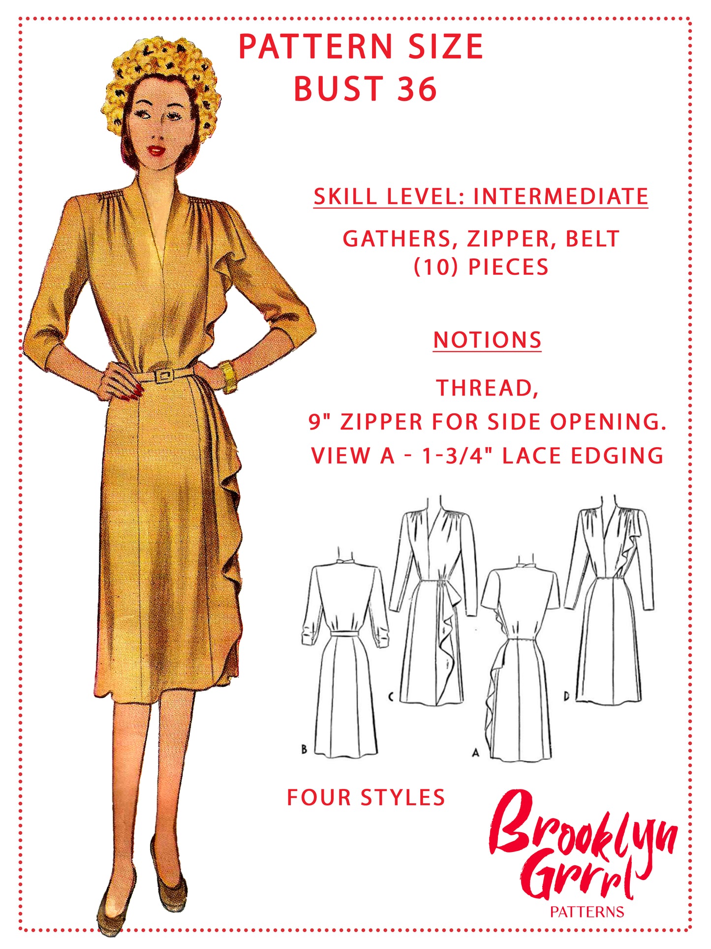 PAPER Pattern - 1940s The Mildred Pierce Dress with Side Drape  / Bust 36