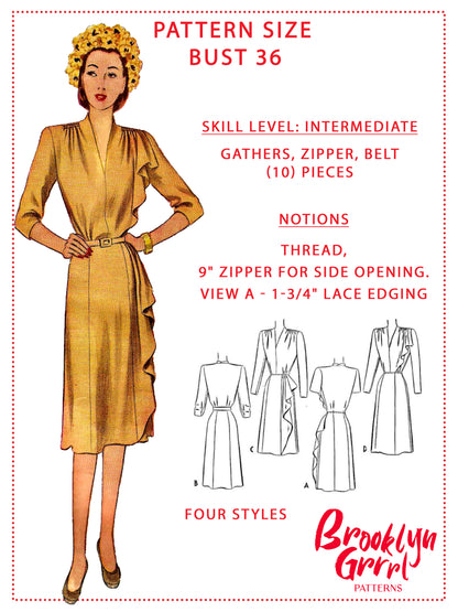 PAPER Pattern - 1940s The Mildred Pierce Dress with Side Drape  / Bust 36