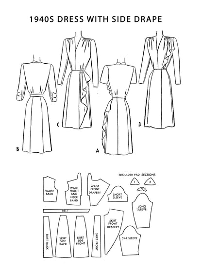 PAPER Pattern - 1940s The Mildred Pierce Dress with Side Drape  / Bust 36