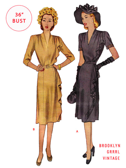 PAPER Pattern - 1940s The Mildred Pierce Dress with Side Drape  / Bust 36