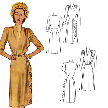 PAPER Pattern - 1940s The Mildred Pierce Dress with Side Drape  / Bust 36